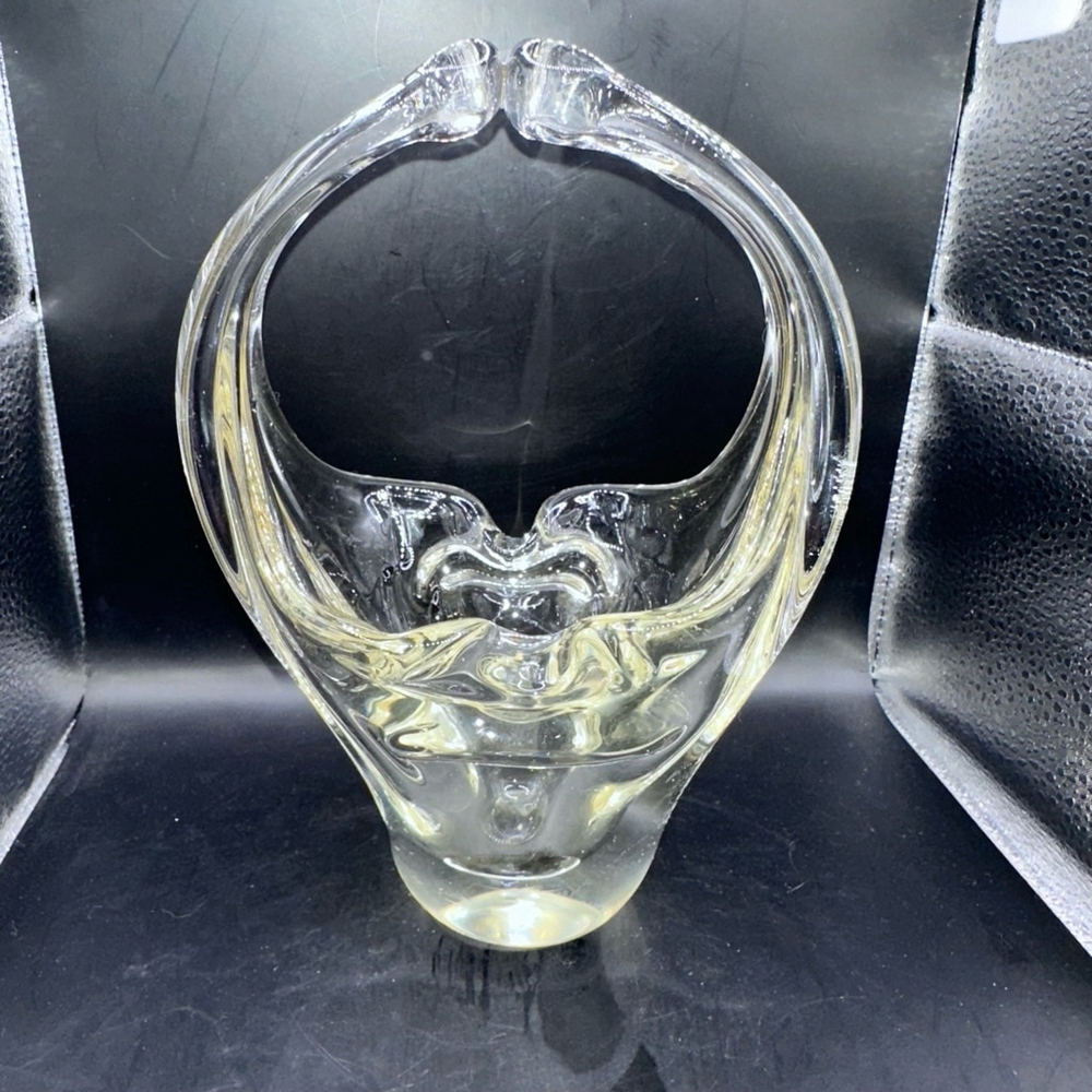 Vintage Murano Art Glass Basket Split Handled Hand Blown Clear Glass Ashtray